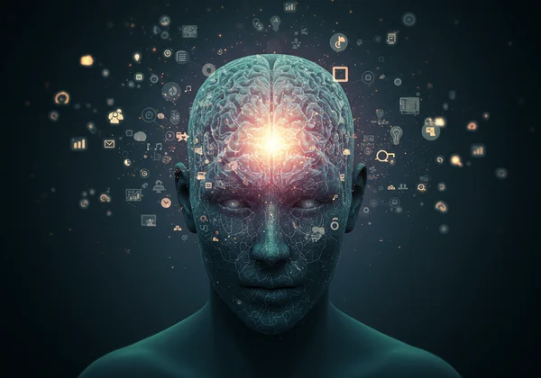 Person deep in thought, surrounded by abstract knowledge.