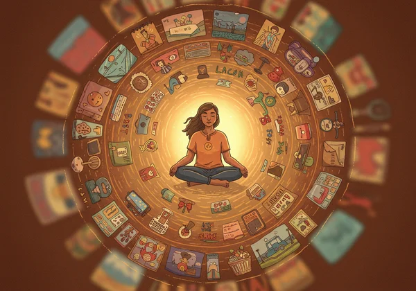 Orang yang tenang, berpusat di tengah-tengah banyak pilihan menarik