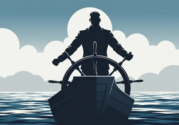 Seseorang dengan yakin mengemudi kapal melalui perairan terbuka