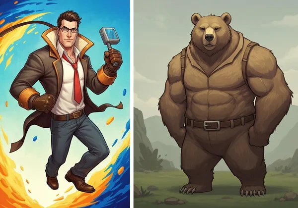 Imej kontras seorang maverick yang bertenaga dan seekor beruang yang tenang