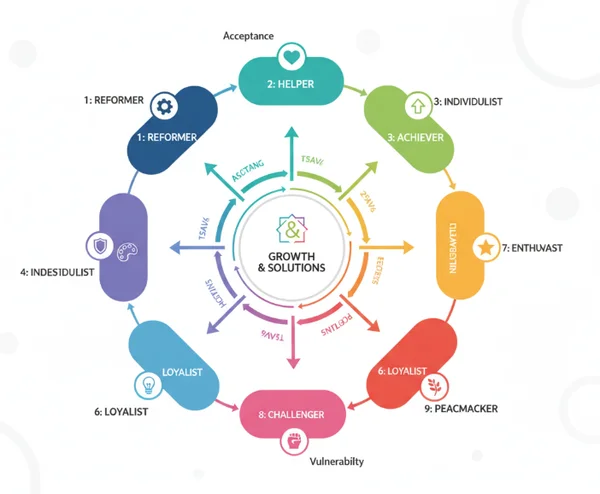 Diagram showing Enneagram types with challenges and solutions