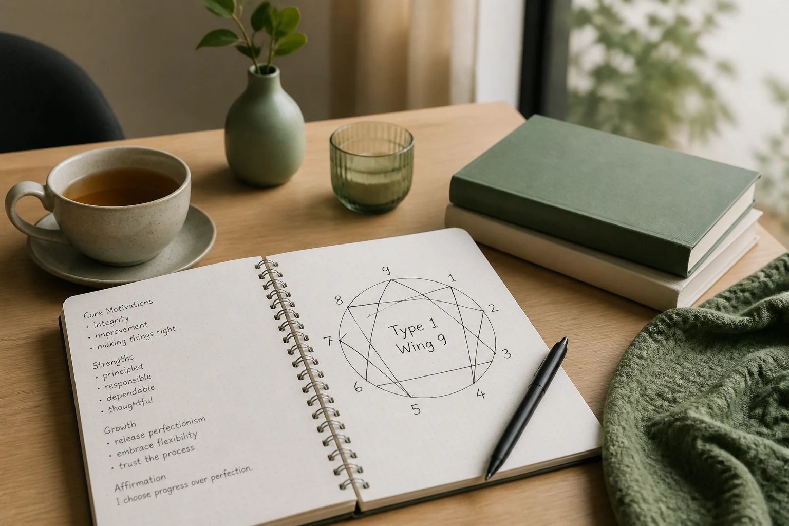 Calm desk with Enneagram notes